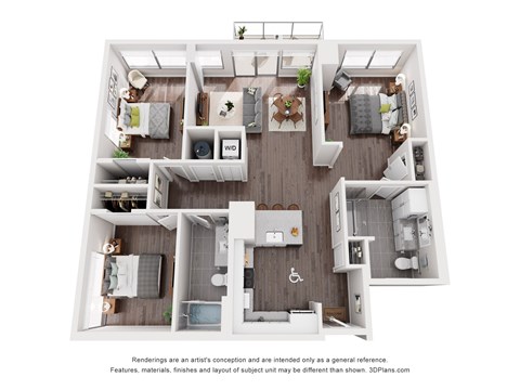 Floor plan for 3 beds, 2 baths, 1190 sqft